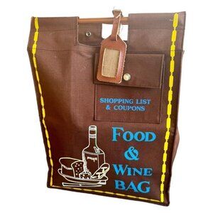 Vintage 70s? Brown Canvas Shopping Bag Tote Bag with Wooden Handle 17" x 13" 🤎